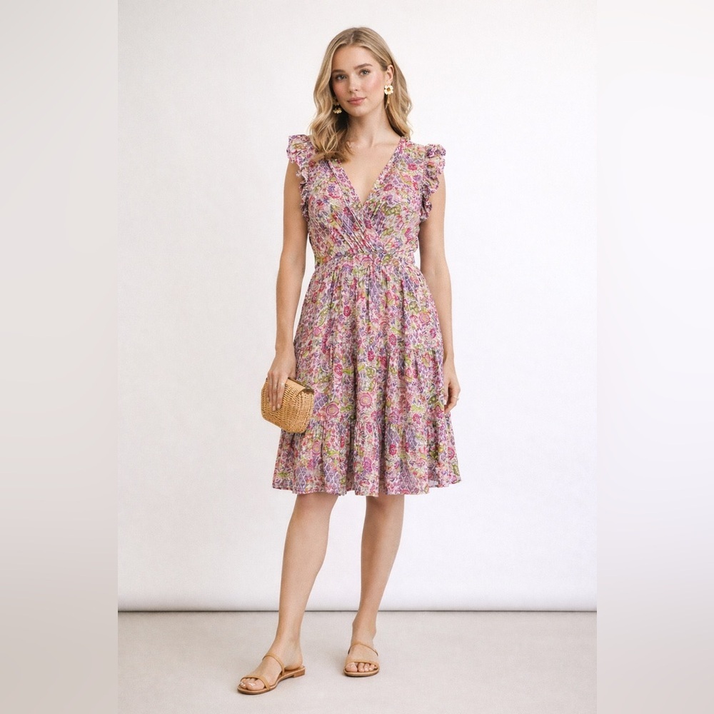 Taylor bright floral tiered dress with ruffle at sleeve. Size Large